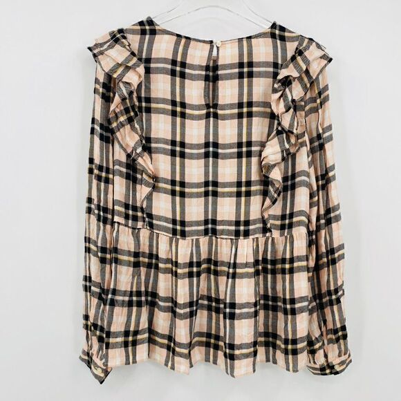 LOFT Size Medium Pink & Black Plaid Ruffled Long Sleeve Keyhole Back Top - Picture 9 of 9